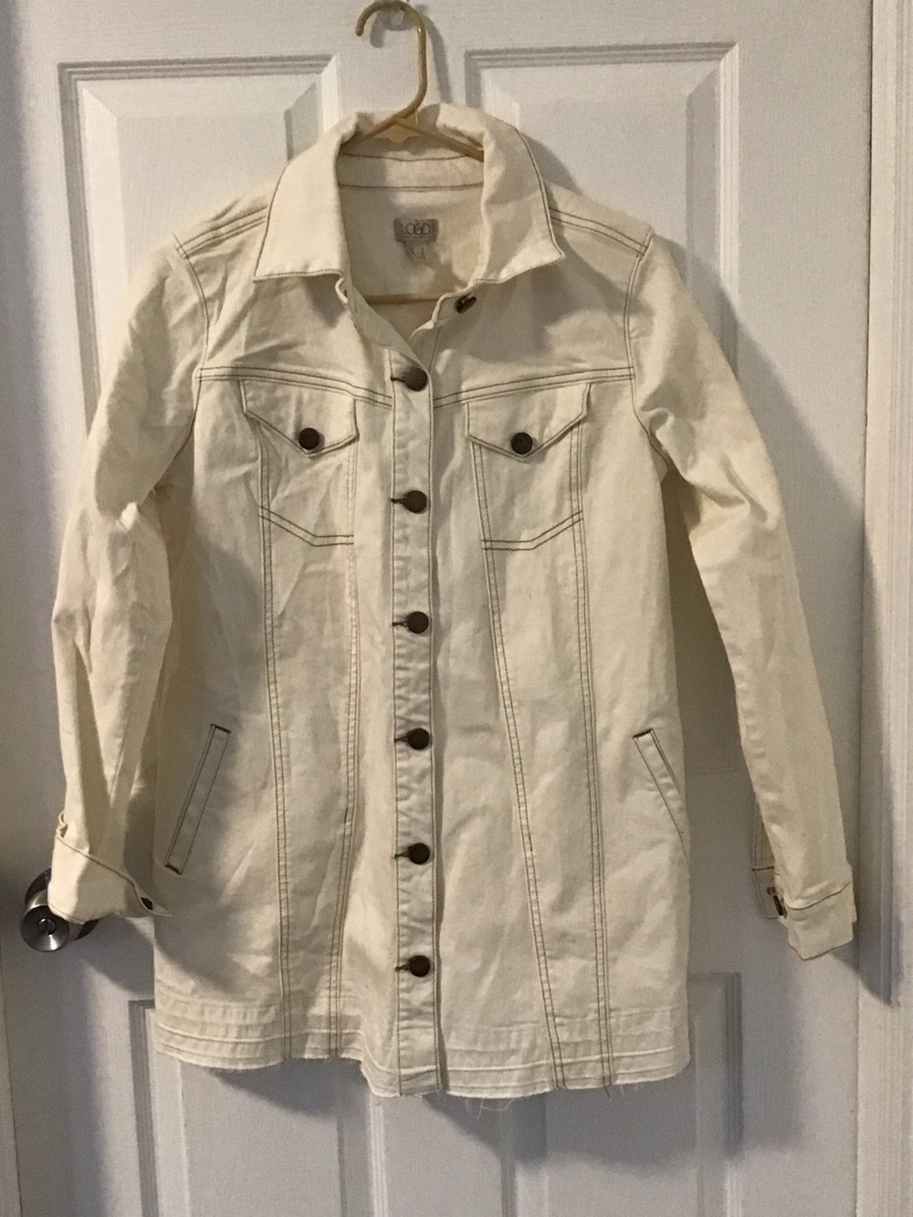 LOGO by Lori Goldstein Cream Long Denim Button-Front Jacket